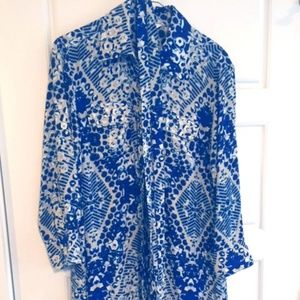 CAbi Multi color blue, white and tan shirt dress